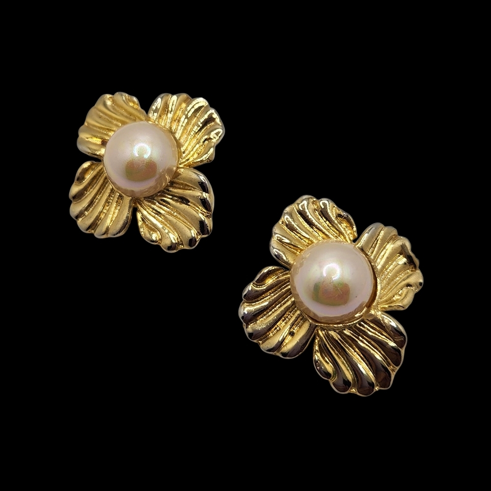 Vintage Gold Tone Flower Clip-On Earrings with Faux Pearl Center
